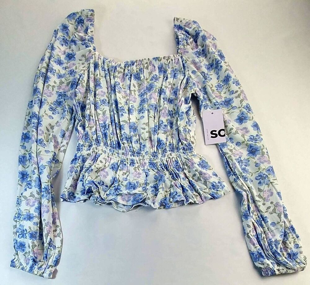 SO Goods For Life Blue Floral Ruched Peplum Waist Crop Top Size Medium NWT
